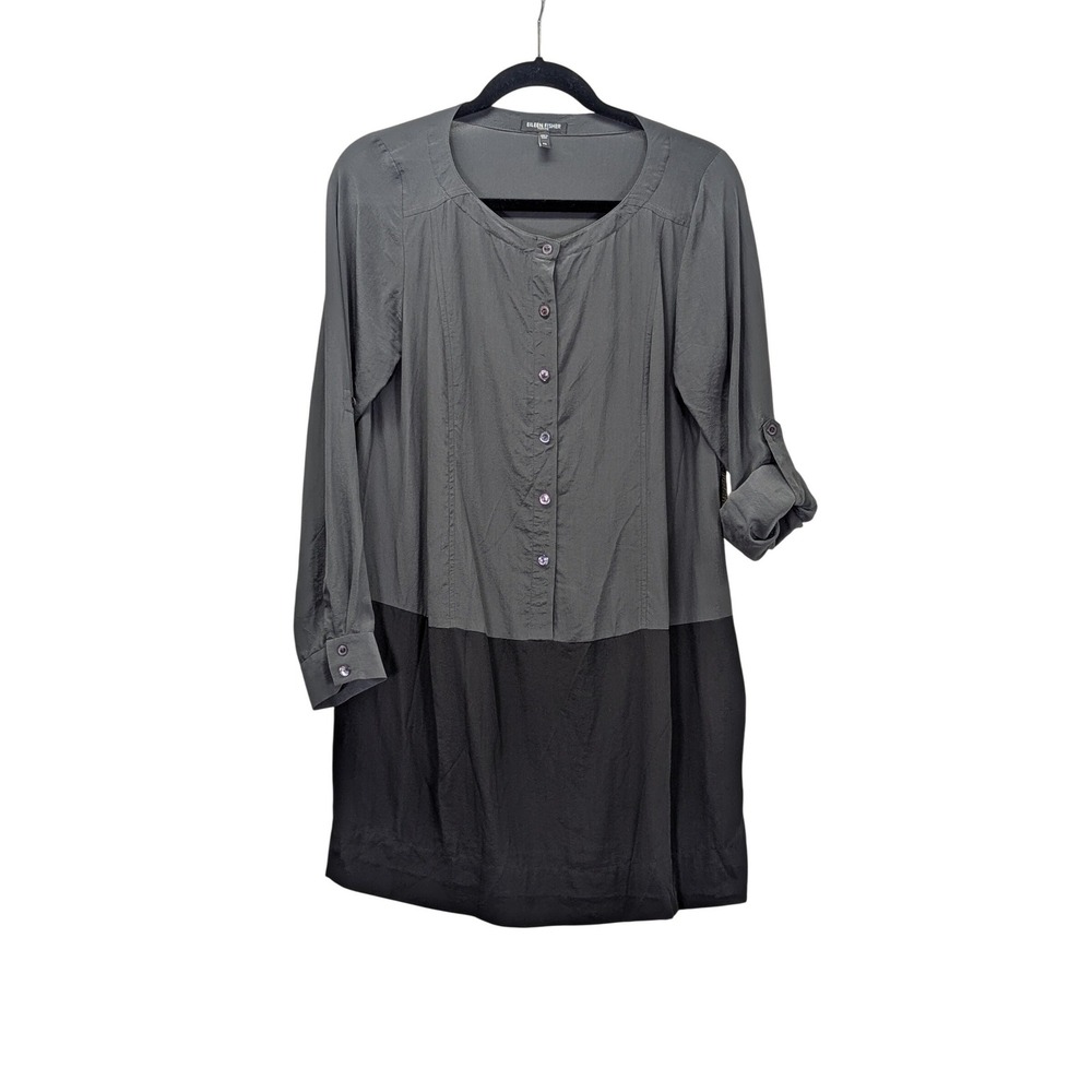 Eileen Fisher Petite‎ Silk Tunic Dress Gray Black Women's PS Button Front